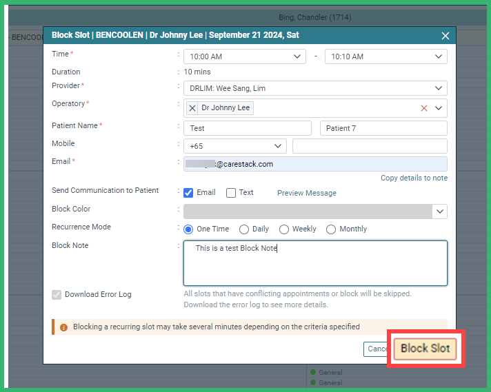 Block a Slot on the Scheduler – CareStack